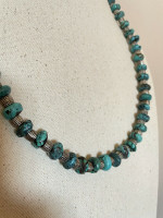 Vintage Unisex Chunky 25" Turquoise & Textured Sterling Silver Rondelle Necklace