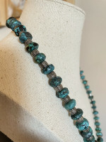 Vintage Unisex Chunky 25" Turquoise & Textured Sterling Silver Rondelle Necklace