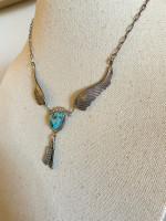 Vintage Turquoise Sterling Silver Bib Necklace w Eagle Feathers