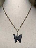 Gold & Titanium Butterfly Necklace - Hand Carved Vintage Womens Pendant Necklace