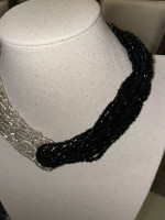 Vintage 18” 16 Strand Hand Beaded Jewelry Black & White Clear Statement Necklace
