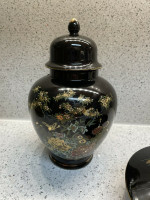 Beautiful Japanese Black Porcelain Jar / Urn and Dish With Lid Floral Landscape