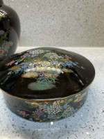 Beautiful Japanese Black Porcelain Jar / Urn and Dish With Lid Floral Landscape