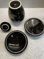 Beautiful Japanese Black Porcelain Jar / Urn and Dish With Lid Floral Landscape