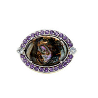 Sterling Silver Bronze Abalone & Amethyst East-West Halo Ring Size 6