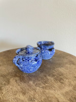 Celia Cole Pottery Blue White Mini Sugar & Creamer Mint Condition Signed 2002