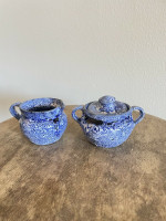 Celia Cole Pottery Blue White Mini Sugar & Creamer Mint Condition Signed 2002