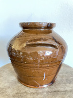 Early Redware Primitive Crock with Handles Manganese Glaze Jug 19th Century