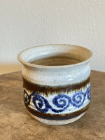 Vintage Mid Century Decorated Multi-colored Stoneware White Blue Swirl Bowl