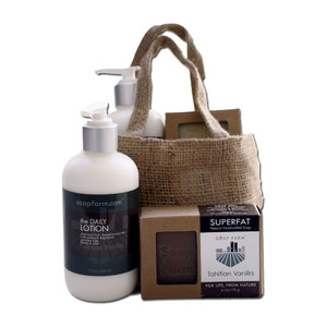 Soap Farm burlap gift bag with DAILY Lotion and SUPERFAT 
 natural handcrafted Soap.  Soap Farm burlap gift bag with DAILY Lotion and SUPERFAT 
 natural handcrafted Soap.