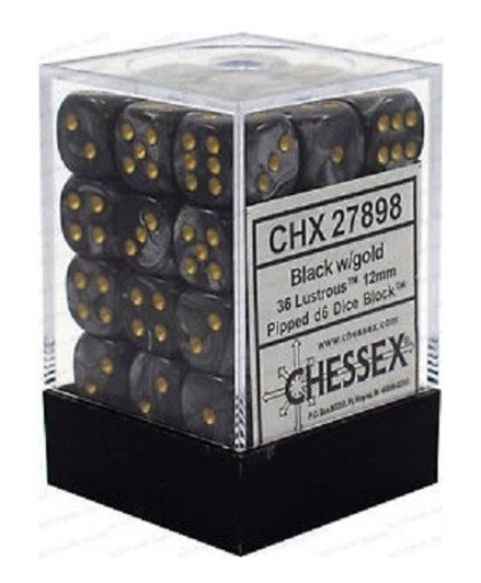 Chessex Dice: Lustrous 12mm D6 Black/Gold (36)