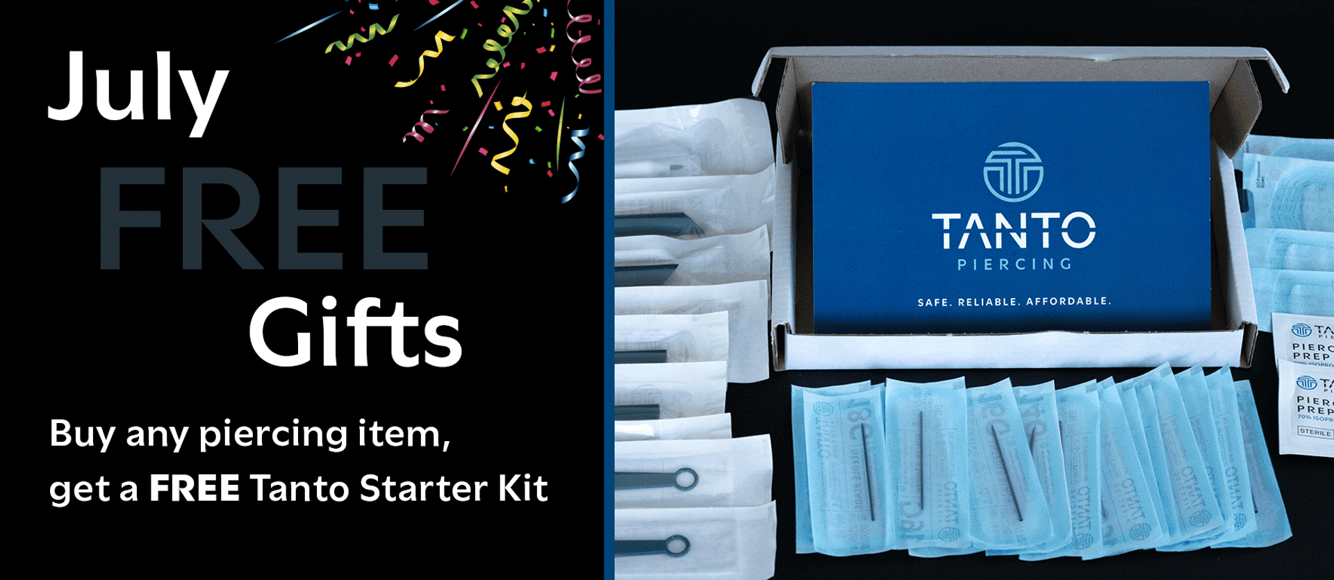 Animated GIF showcasing the Free Tanto piercing starter kit promotion
