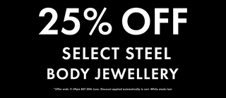 Animated GIF: 25% off selected surgical steel body jewellery