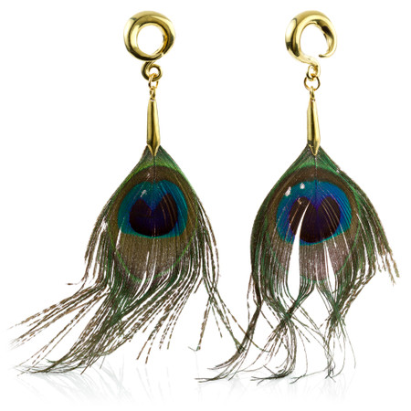1x Peacock Feather Hanging Stretched Earring - FEATHERHK1-LT