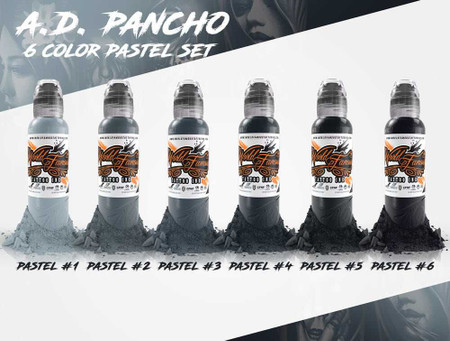 World Famous Tattoo Ink - A.D. Pancho 6-Colour Pastel Greys Set - 1oz