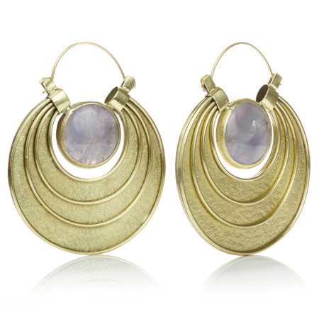 Mandala Jewellery - Iolite Stone Brass Ringed Hoop Earrings (Pair)