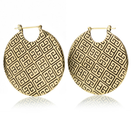 Mandala Jewellery - Massive Patterned Disk Brass Hoop Earrings (Pair)