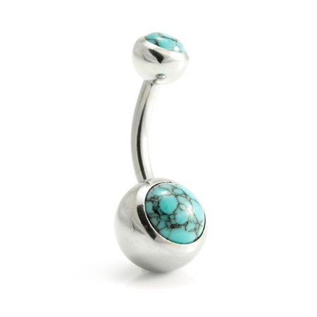 Steel External Thread Double Jewelled Navel Bar -1.6-14-Turquoise