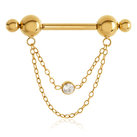 Threadless Zircon Gold Ti Double Ball Jewelled Chain Nipple Bar