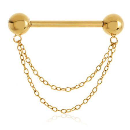 Threadless Zircon Gold Ti Plain Ball Double Chain Nipple Bar
