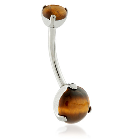 Ti External Prong Navel Bar with Double Tiger Eye Stone