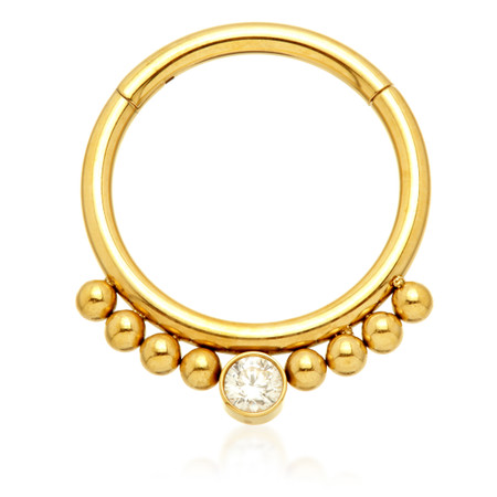 Zircon Gold Ti Front Facing Single Gem Beaded Hinged Ring