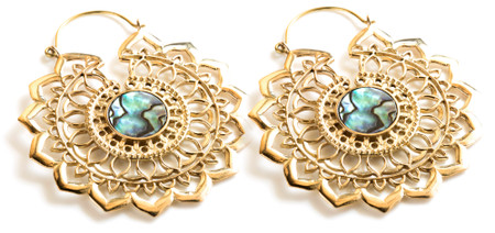 Brass Lotus Hoop Earrings with Abalone