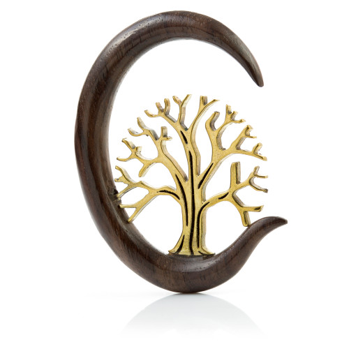 1x Hanging Wood Crescent with Brass Tree Ear Stretcher