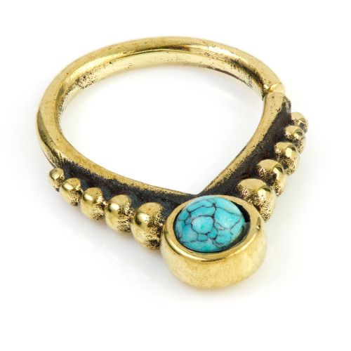 1x Turquoise Brass V Shape Open Ring