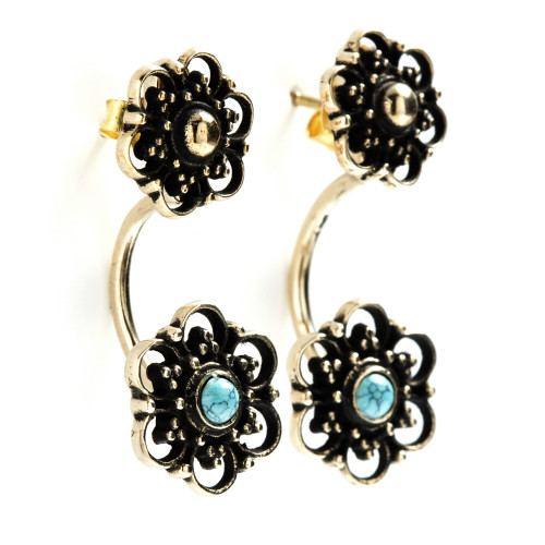 Brass Flower Studs with Turquoise Ear Jackets Earrings (Pair)