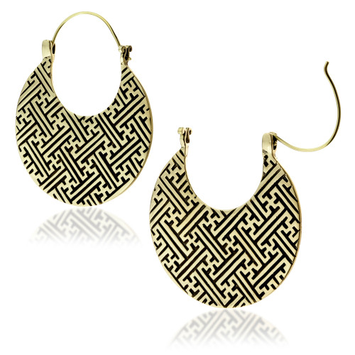 Brass Geo Lines Disk Earrings (Pair)