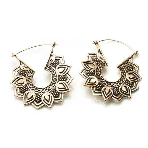 Copper Lotus Flower Hoop Earrings (Pair)