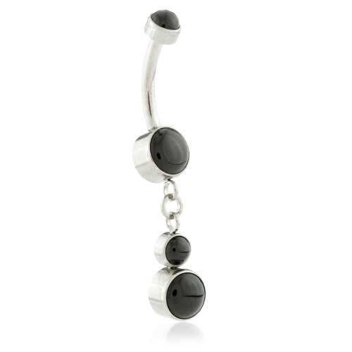 Internal Ti Double Disk Navel With Black Agate Hanging Stones