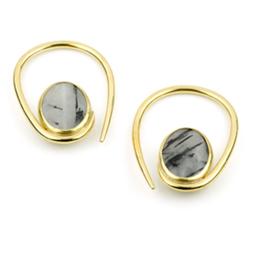 Mandala Jewellery - Rutilated Quartz Brass Oval Pull Through Earrings (Pair)