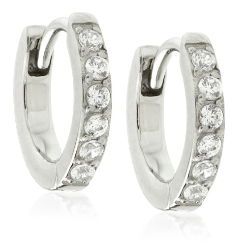 Pave Gem Small Steel Huggie Hoop Earrings (Pair)