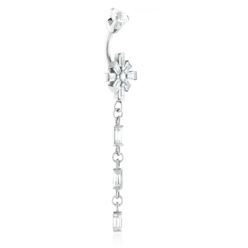 Steel Baguette Gem Cluster Navel with Hanging Gems