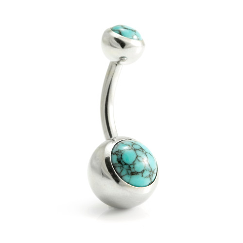 Steel External Thread Double Jewelled Navel Bar -1.6-10-Turquoise