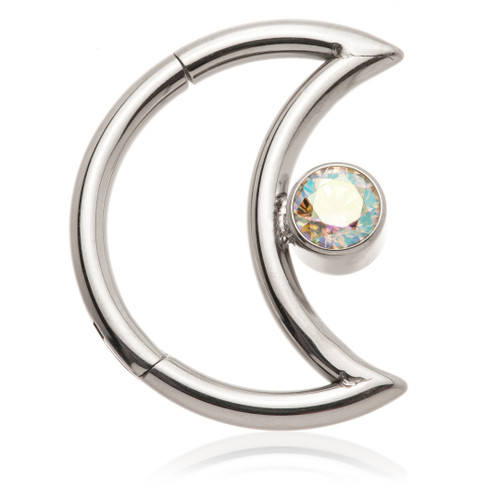 Steel Moon Shaped Titanium Hinge Ring with Round Gem