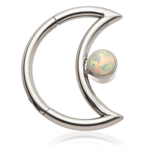 Steel Moon Shaped Titanium Hinge Ring with Round Opal