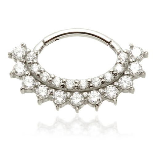 Steel Oval Shaped Front Facing Jewelled Pavé with Bezel Set Hinged Ring