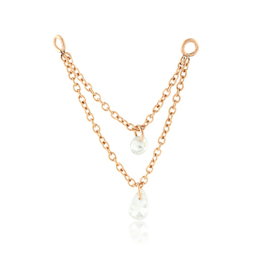 Rose Gold PVD Steel Double Hanging Chain with Gems Charm