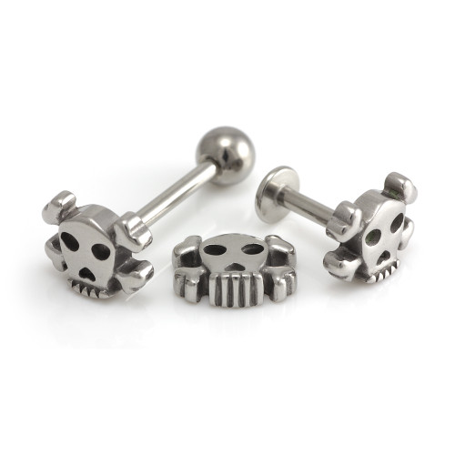 Steel External Skull & Crossbones Tongue Bar