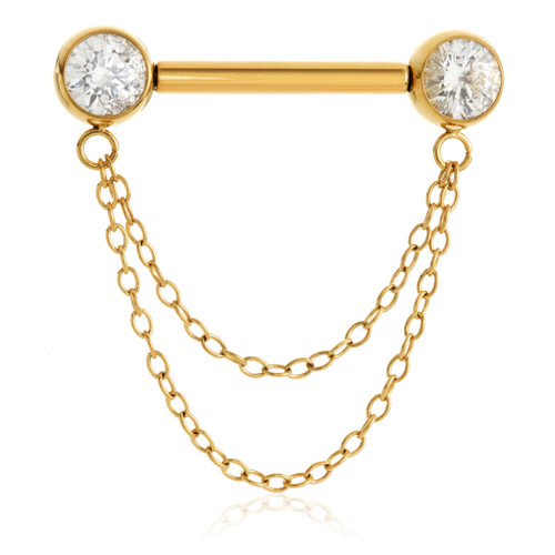 Threadless Zircon Gold Ti Jewelled Disk Double Chain Nipple Bar