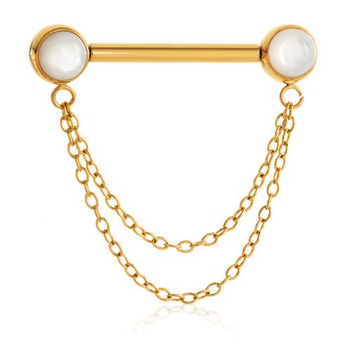 Threadless Zircon Gold Ti Shell Disk Double Chain Nipple Bar