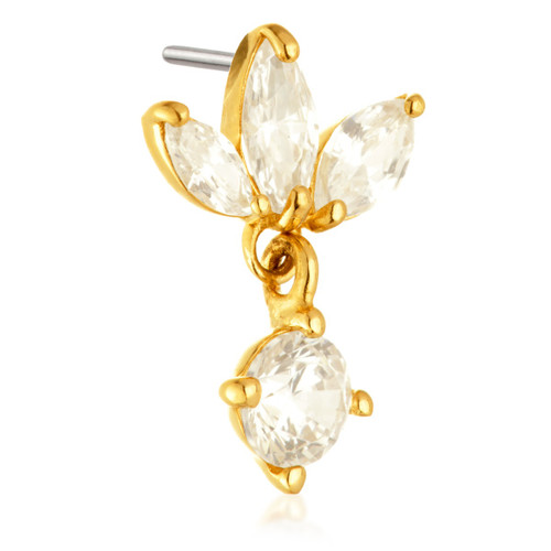 TL - 14ct Threadless Gold Jewelled  Fleur-de-lis Pin Attachment With Hanging Gem