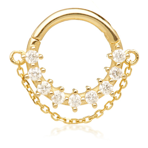 TL - Gold Jewelled Hinged Ring with Hanging Chain