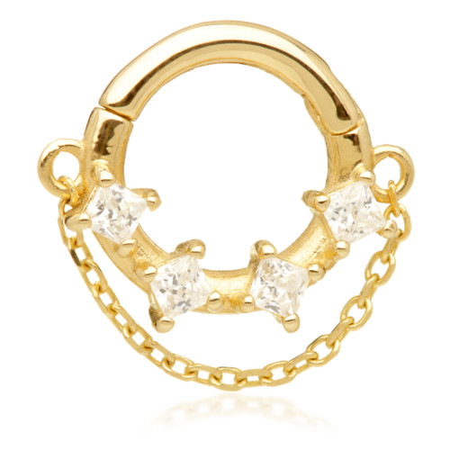 TL - Gold Prong Set Jewelled Hinged Ring with Hanging Chain