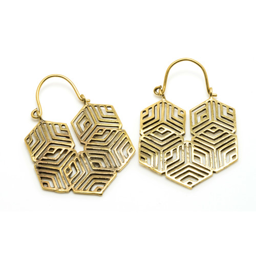 Tribal Hex Brass Hoop Earrings (Pair)