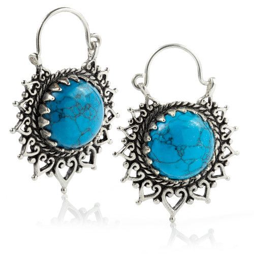 Turquoise Stone White Brass Disk Hoop Earrings (Pair)