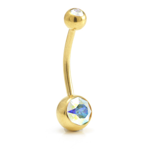 Zircon Gold Steel Double Jewelled Navel Bar